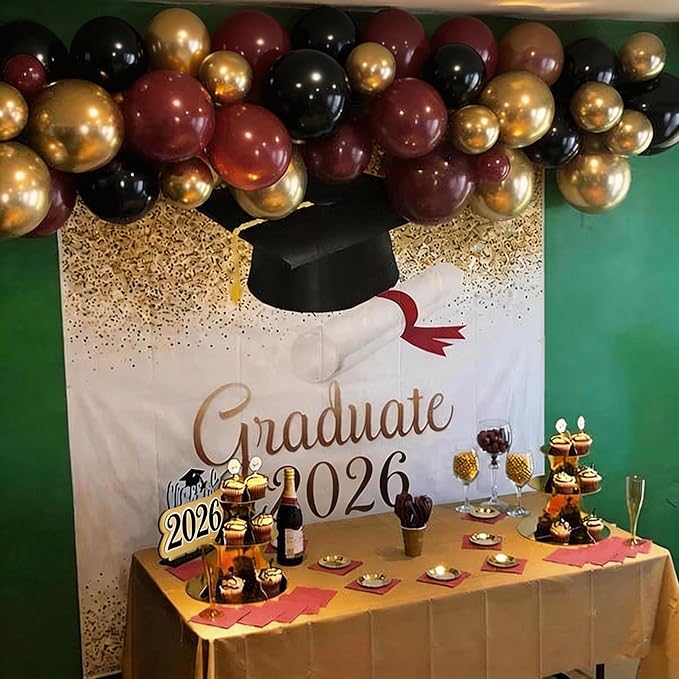 Burgundy Balloon Arch Kit,Black Gold Maroon Balloon Garland with Star