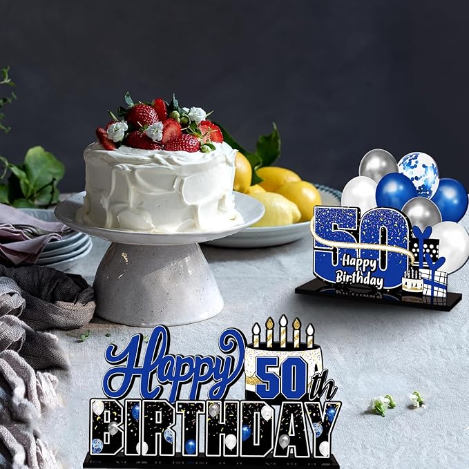 LINGTEER Happy 50th Birthday Blue Acrylic Table Topper Centerpieces