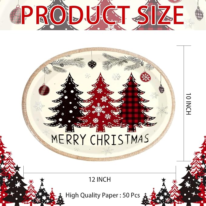 50Pcs Christmas Tree Oval Paper Plates 10 x 12 Large Heavy Duty