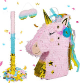Small Unicorn Pinata Pink Gold with a Blindfold a Bat and Confetti