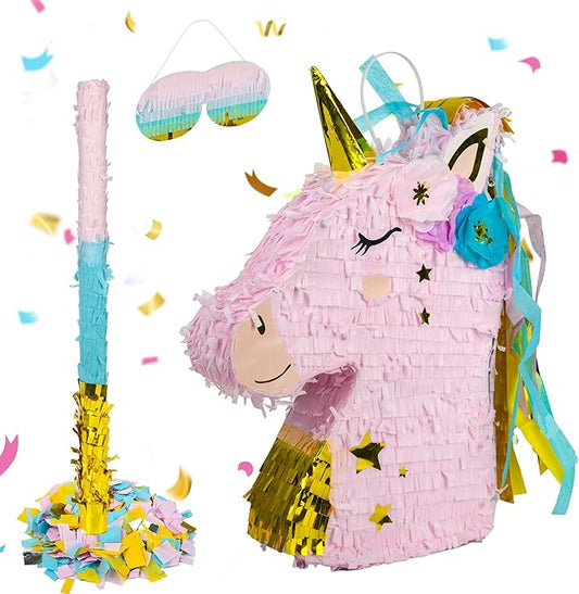 Small Unicorn Pinata Pink Gold with a Blindfold a Bat and Confetti