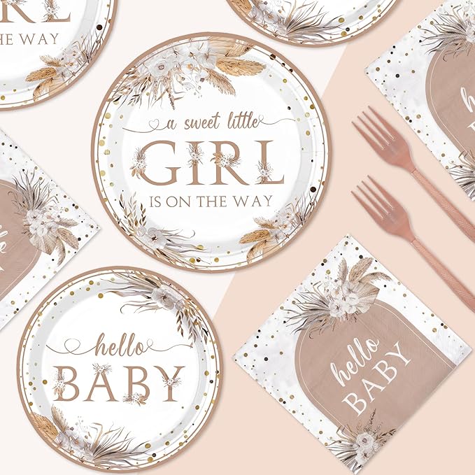 96pcs Boho Baby Shower Party Decorations Boho Hello Baby Girl Pink