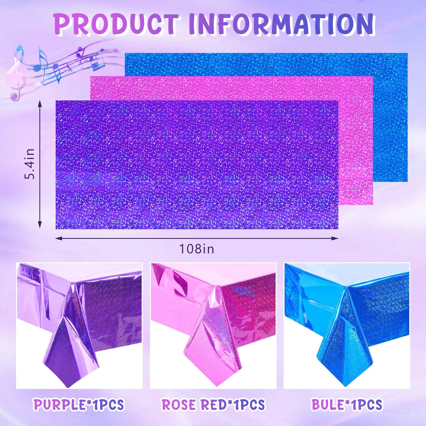 LOYIM 3 Pcs Kpop Holographic Tablecloth for Birthday Party Pink Purple