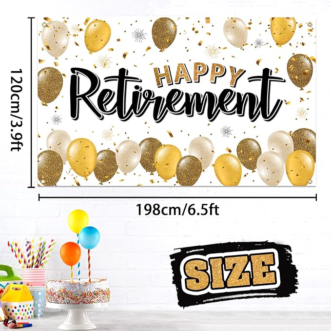 Happy Retirement Decorations Gold Large Balloon Banner Backdrop Sign