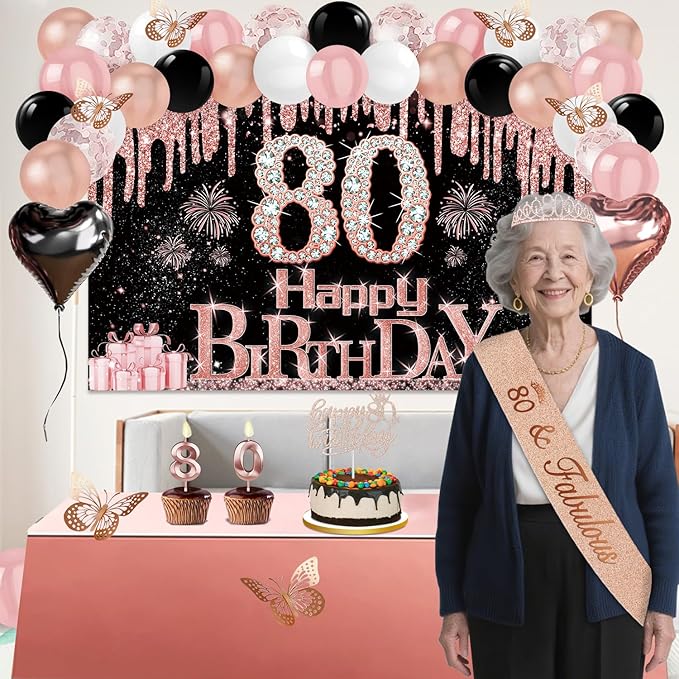 80th Birthday Decorations for Women 49pcs Black Rose Gold Black