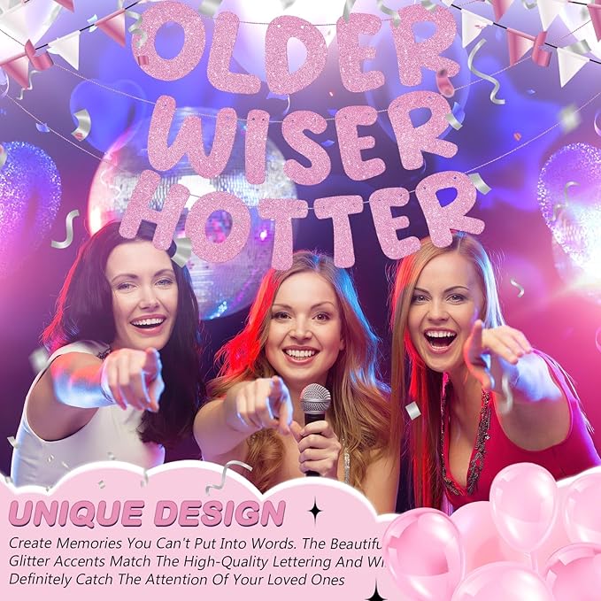 Fulmoon Set of 3 Pre Strung Older Wiser Hotter Glitter Banner Funny