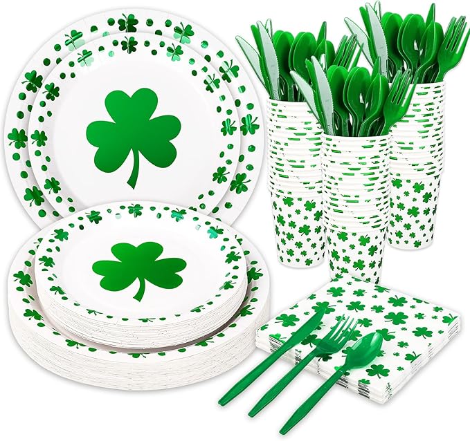 168Pcs St Patrick's Day Tableware Set Foil Green Shamrock Disposable