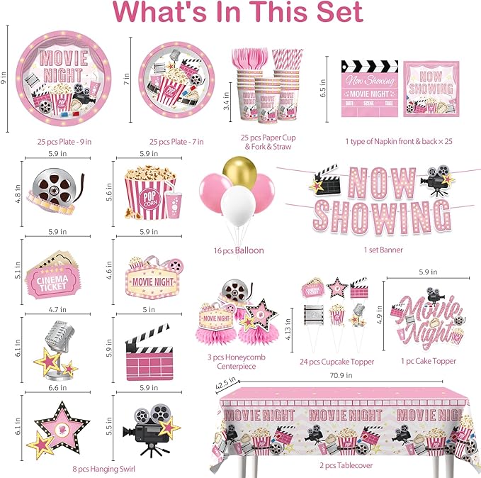 213 PCS Pink Movie Night Decorations Movie Theme Party Supplies