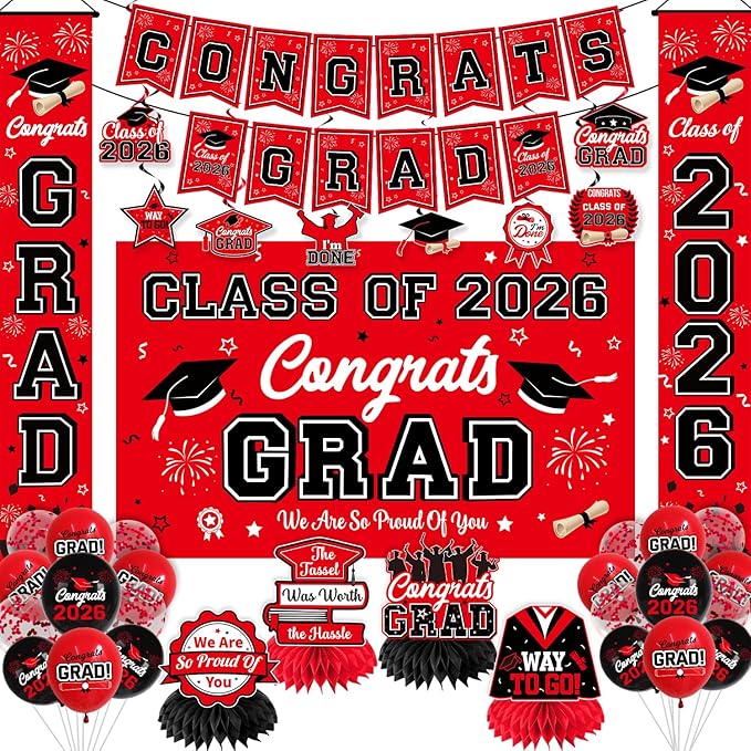 Graduation Decorations Red and Black Party Decor Set include Congrats