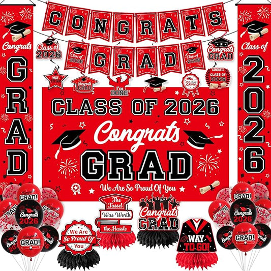 Graduation Decorations Red and Black Party Decor Set include Congrats