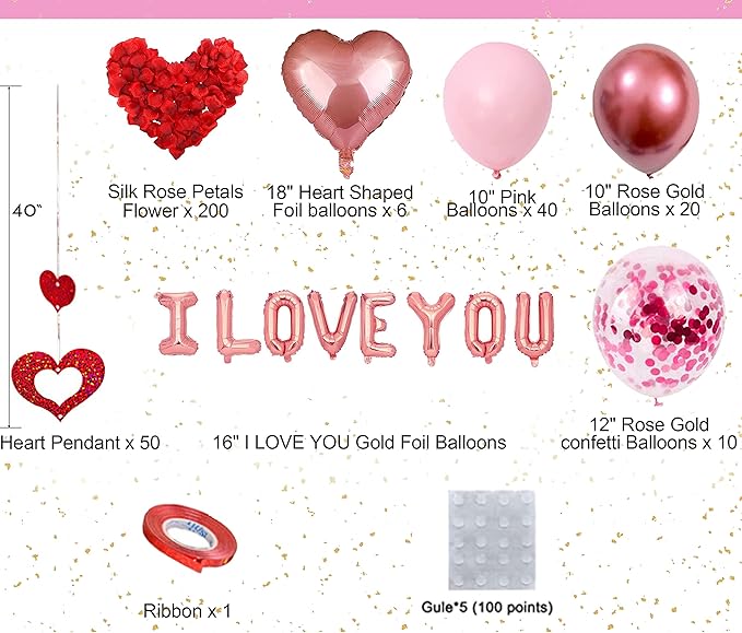 Valentine's Day Balloons Kit with Rose Gold Pink Heart I Love You