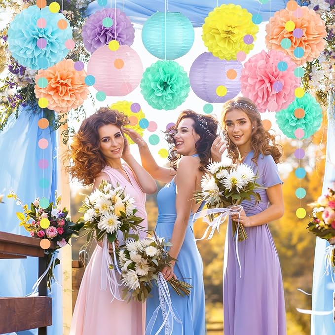 14 Pcs Pastel Party Decorations Kit - Macaron Tissue Paper Pom Poms,