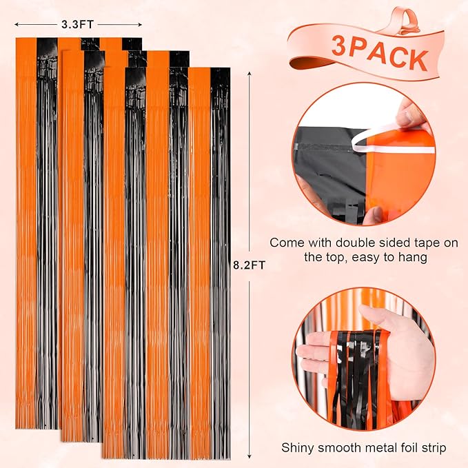 Voircoloria 3 Pack 3.3x8.2 Feet Black and Orange Foil Fringe Backdrop