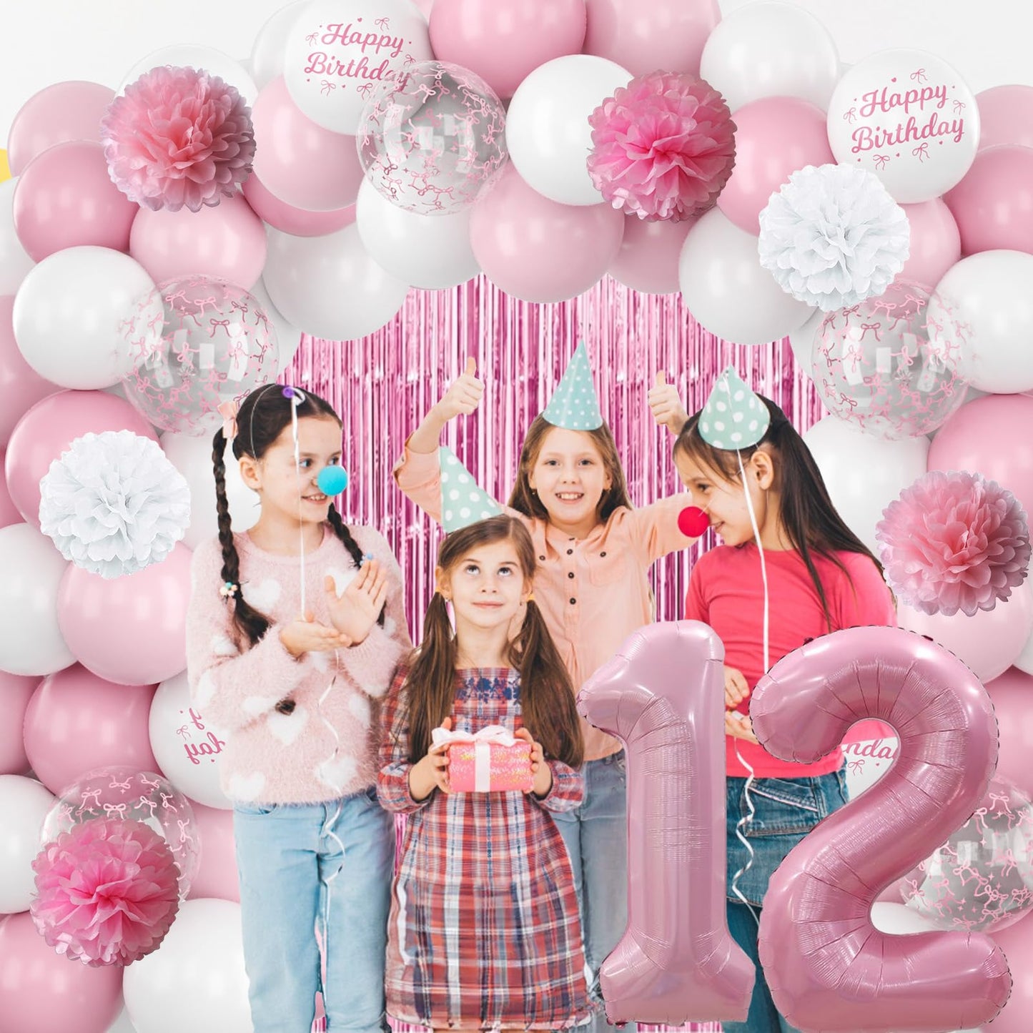 12th Birthday Decorations for Girls Pink Number 12 Balloon Bow