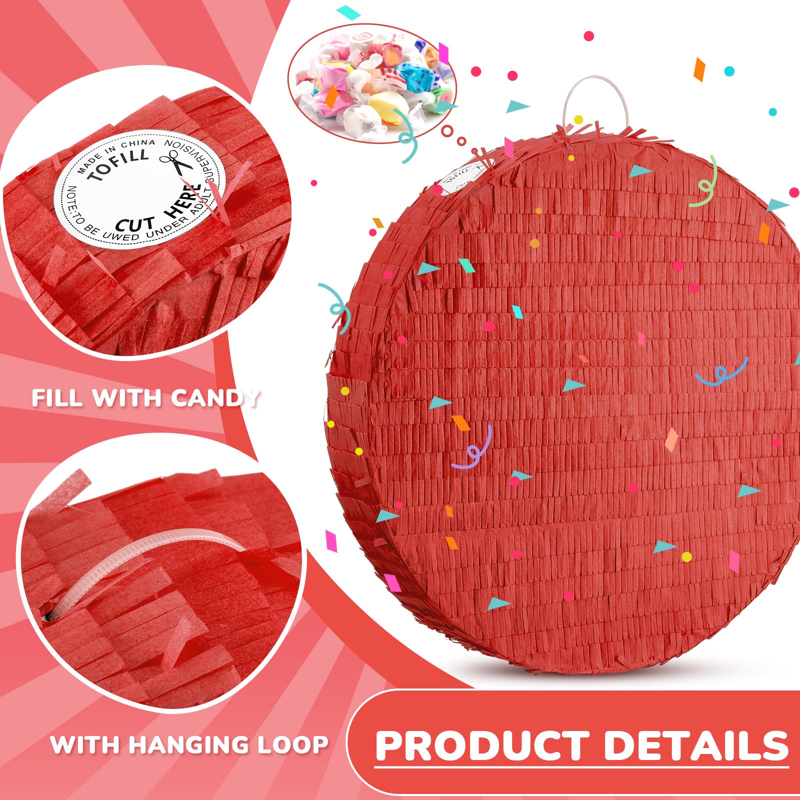 Jenaai 16 Inch Round Red Piñata Large circle Blank Piñata with Stick