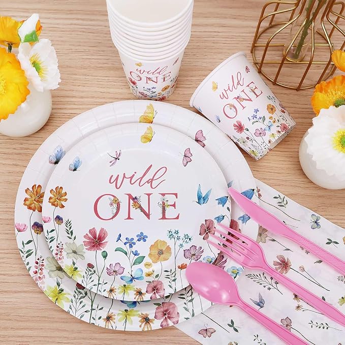 Wild and Onederful 1st Birthday Girl Plates Set 25 Guests Spring