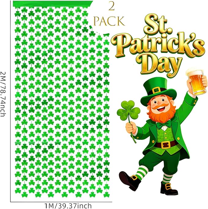 2 Pack St Patrick's Day Clover Streamers Curtains 3.3x6.6ft Green