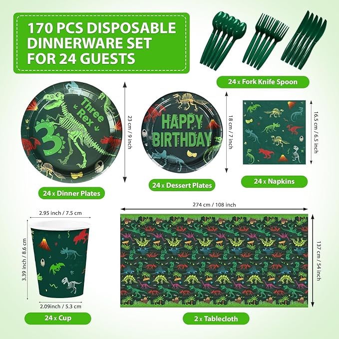 170Pcs Dinosaur Birthday Party Decorations for 3rd Boy 3 Rex