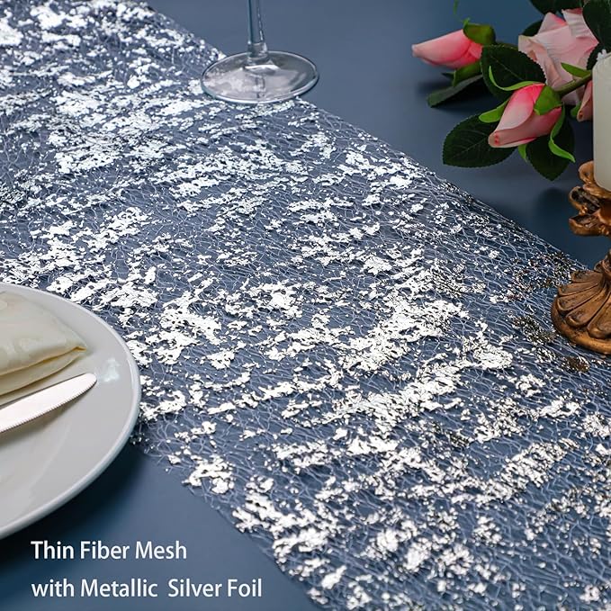 Snowkingdom Silver Table Runner, Sequin Glitter Foil Metallic Mesh
