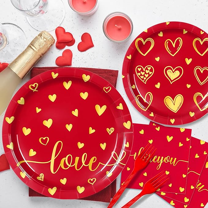 96 Pieces Valentine's Day Love Tableware Set Red and Gold Heart