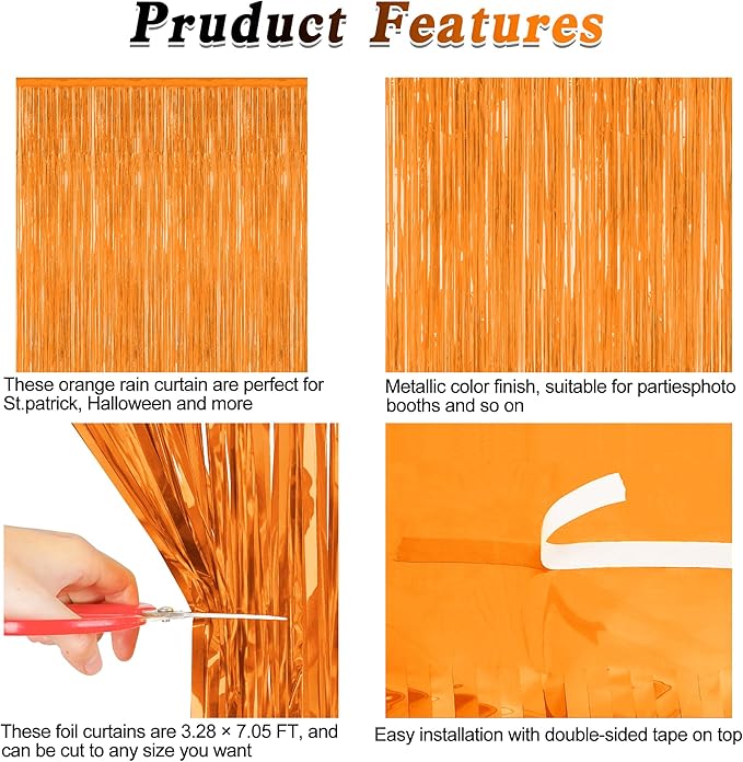 2 Pack Backdrop Curtains, 3.28 FT x 7.05 FT Orange Color Tinsel