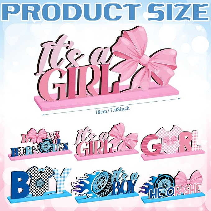 6 Pcs Burnouts or Bows Gender Reveal Party Wooden Centerpieces Table