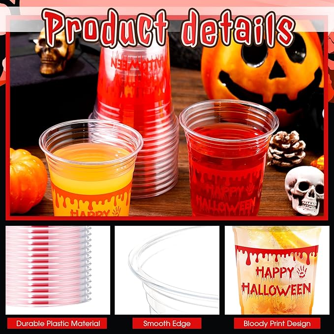 100 Pcs Halloween Plastic Cups 16 oz Clear Disposable Blood Print