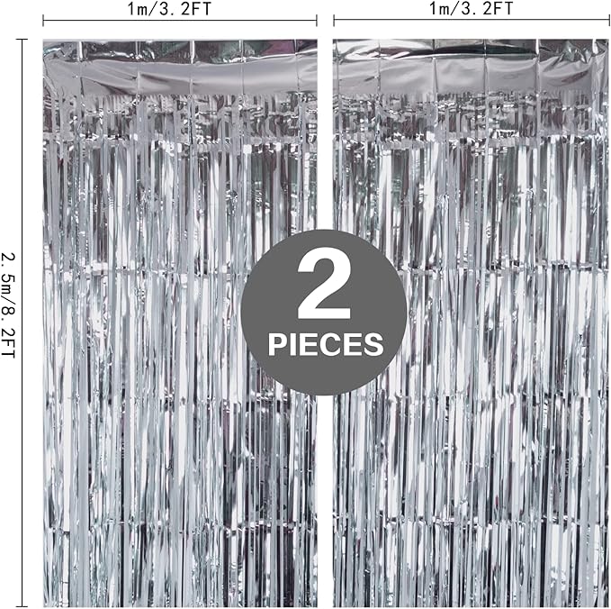 2 Pack Silver Foil Fringe Curtain Backdrop, 3.2Ft x 8.2Ft Metallic