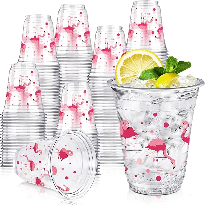 50 Pcs Flamingo Cups Bulk Hawaiian Luau Party Favor 12 oz Disposable