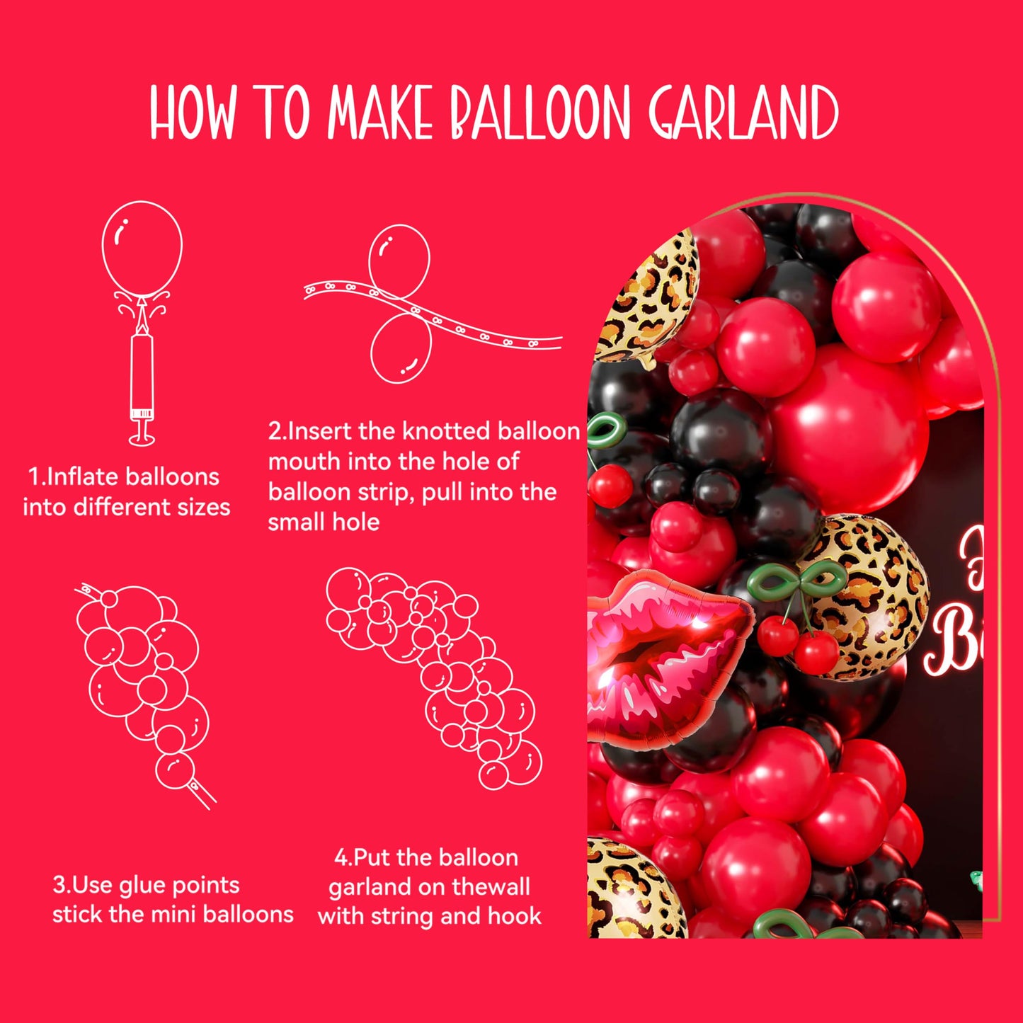 110pcs Red and Black Balloon Garland Arch Kit with 3 Cheetah Leopard
