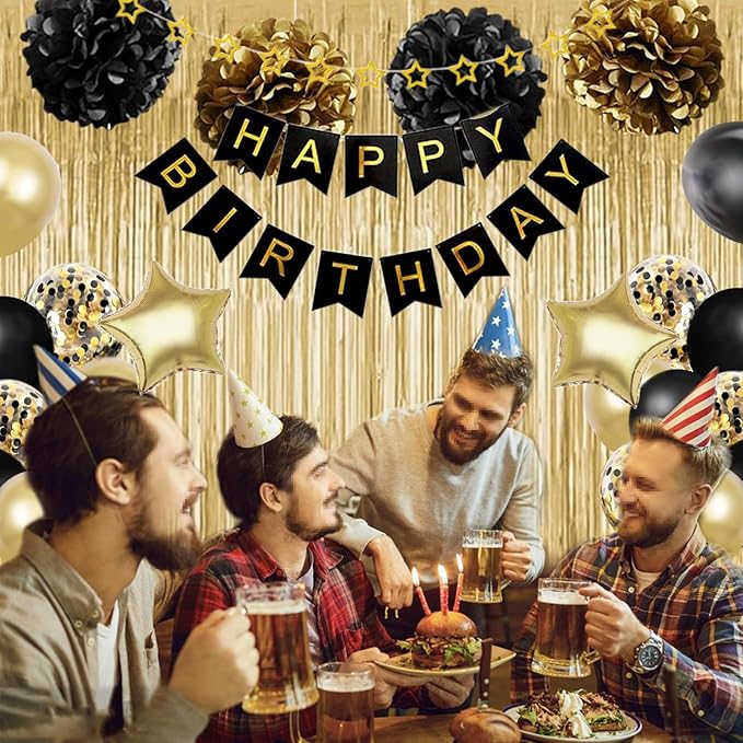 Birthday Decorations for Men Women, Gold and Black Party Decorations,