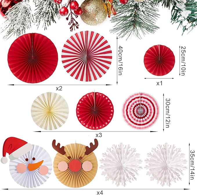 Christmas Hanging Paper Fans Decoration Red White Xmas Snowman Party