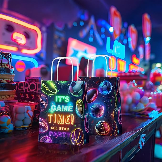 24 Pack Neon Sports Party Favor Bags for Kids Glow in the Dark
