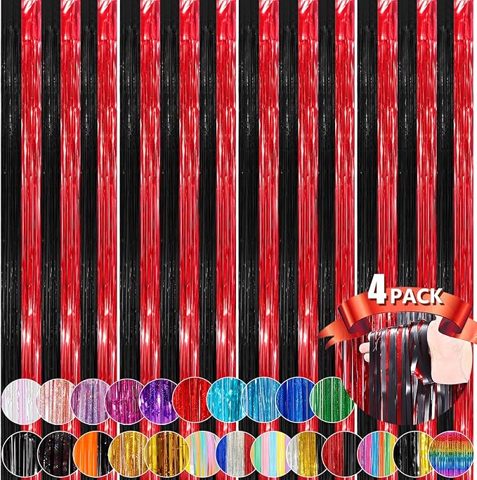 Black Red Metallic Tinsel Foil Fringe Curtains, 4 Pack 3.3x8.3 Feet