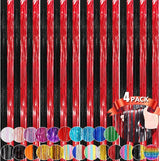 Black Red Metallic Tinsel Foil Fringe Curtains, 4 Pack 3.3x8.3 Feet