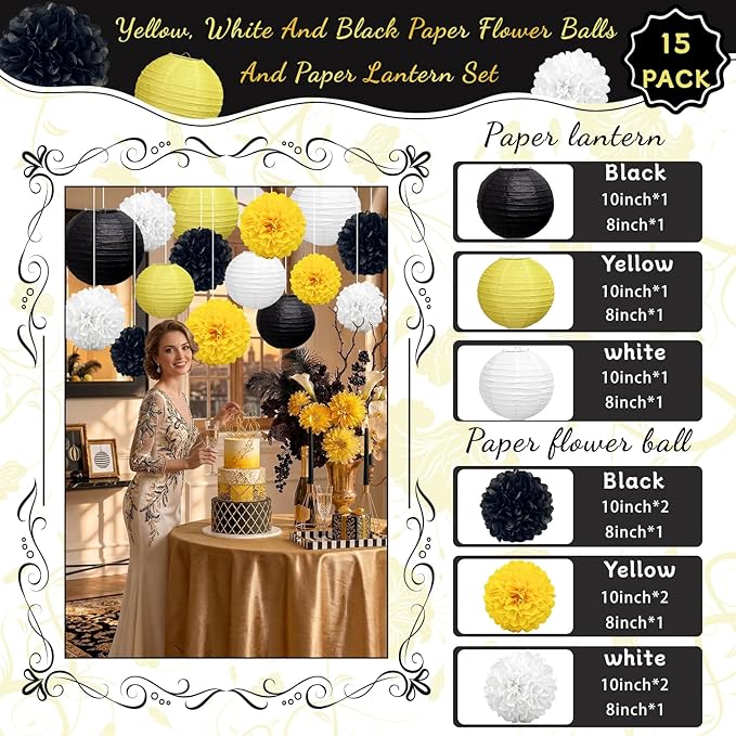 KAXIXI 15 Pcs Yellow Black White Party Decorations - Hanging Paper