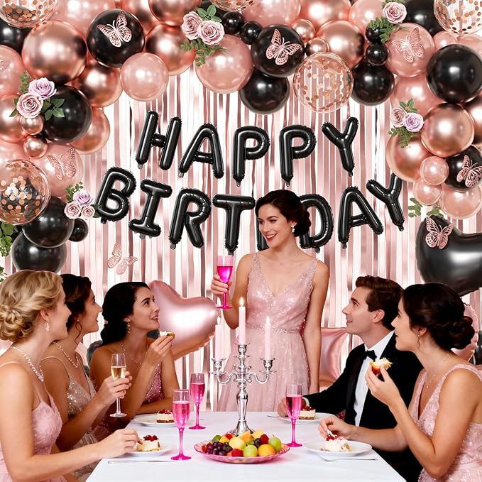Rose Gold and Black Birthday Decorations for Women Girls Pearl