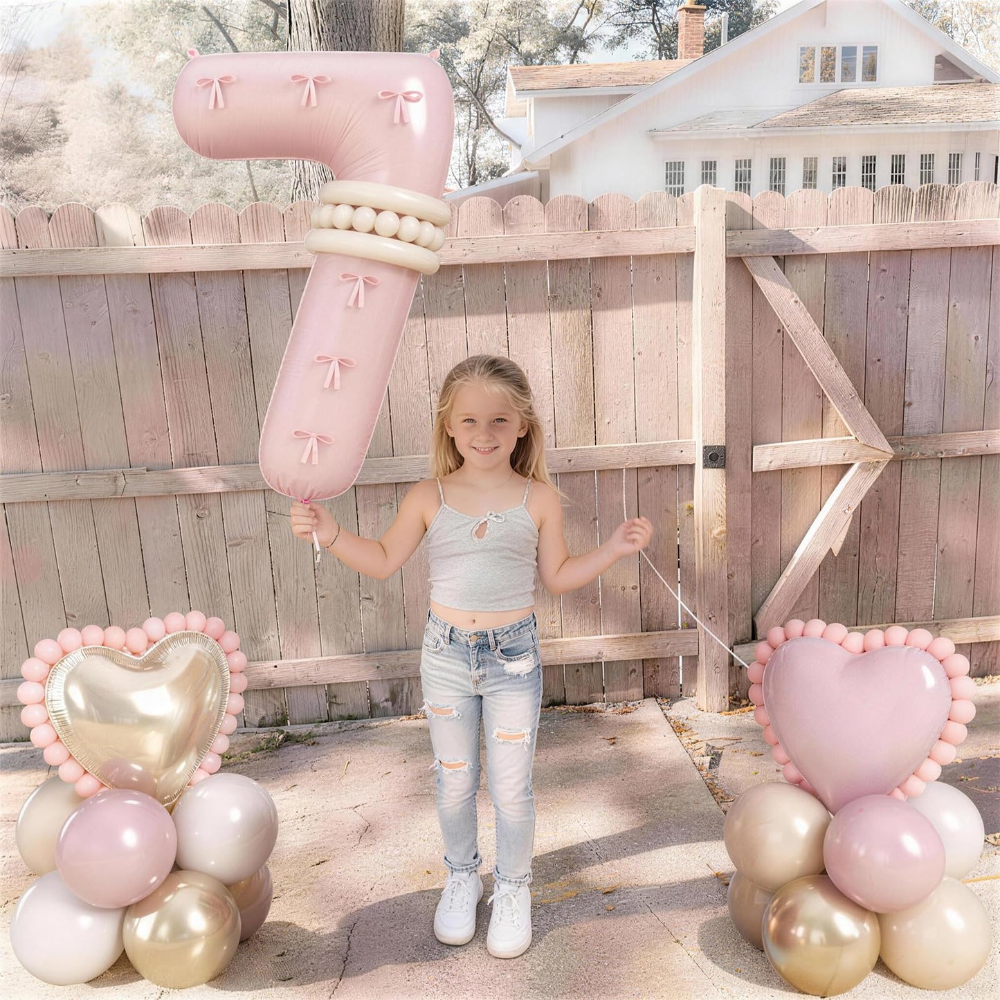 Number 7 Balloon, Blush Light Pink Gold Beige White Sand Latex