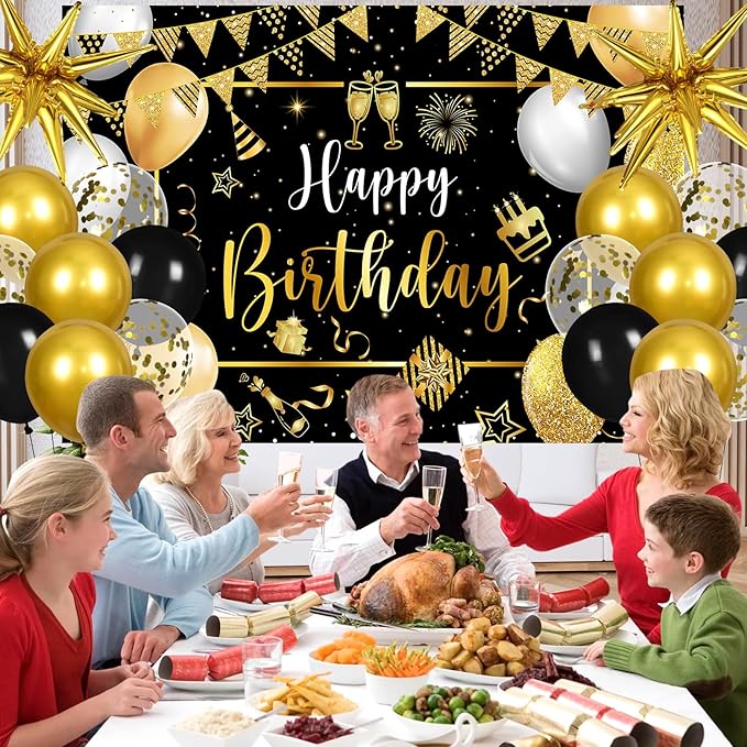 Black Gold Birthday Party Decorations for Men Women 63Pcs Black and
