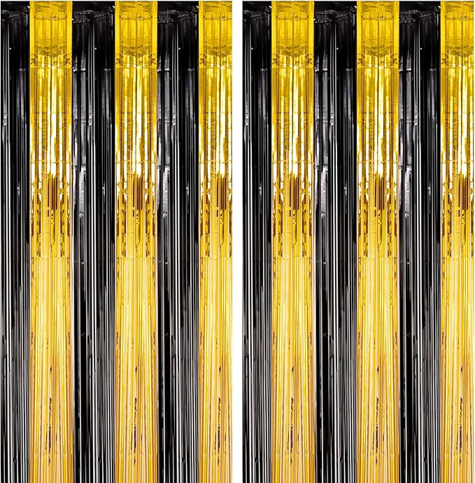 Voircoloria 2 Pack Black and Gold Foil Fringe Backdrop Curtains,