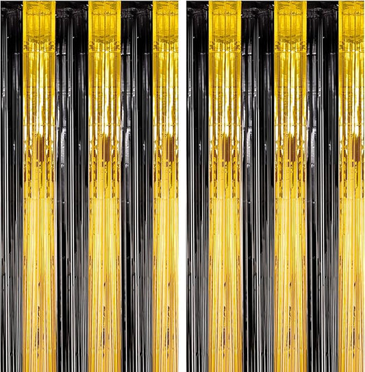 Voircoloria 2 Pack Black and Gold Foil Fringe Backdrop Curtains,