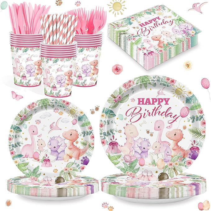 168PCS Dinosaur Party Supllies for Girls Pink Cartoon Dino Birthday