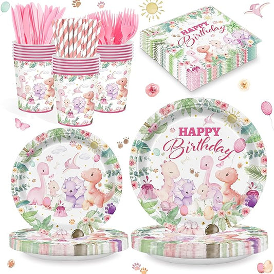 168PCS Dinosaur Party Supllies for Girls Pink Cartoon Dino Birthday