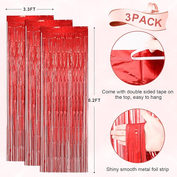 Voircoloria 3 Pack 3.3 x 8.2 ft Laser Red Foil Fringe Backdrop