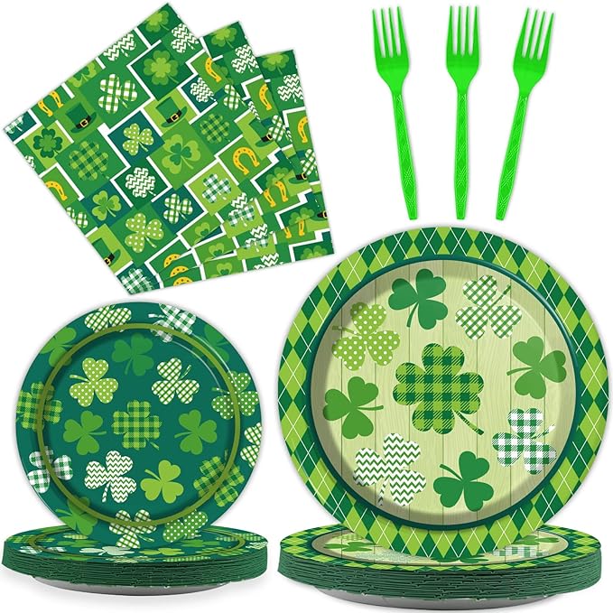 96 Pcs St Patrick's Day Tableware Set Lucky Green Shamrock Plates