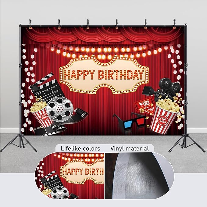10x6.5ft Movie Night Birthday Backdrop Red Curtain Popcorn Film Reel