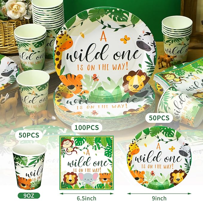 200 Pcs Jungle Safari Baby Shower Paper Plates Napkins Cups Baby