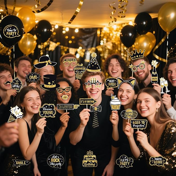 JOJO FLY 36 Pcs Birthday Photo Booth Props Kit, Black and Gold Party