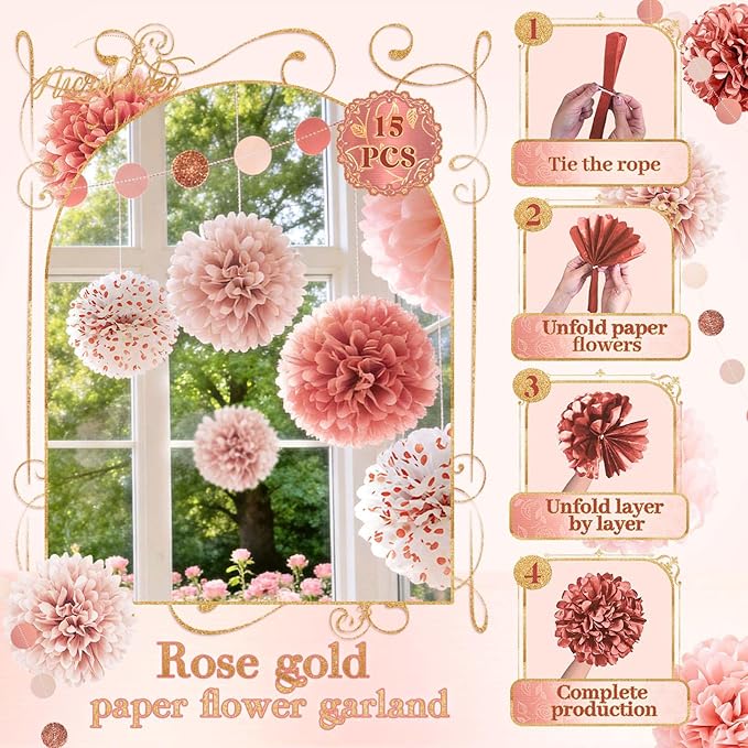Rose Gold Wedding Decorations 15 PCS Tissue Paper Pom Poms for