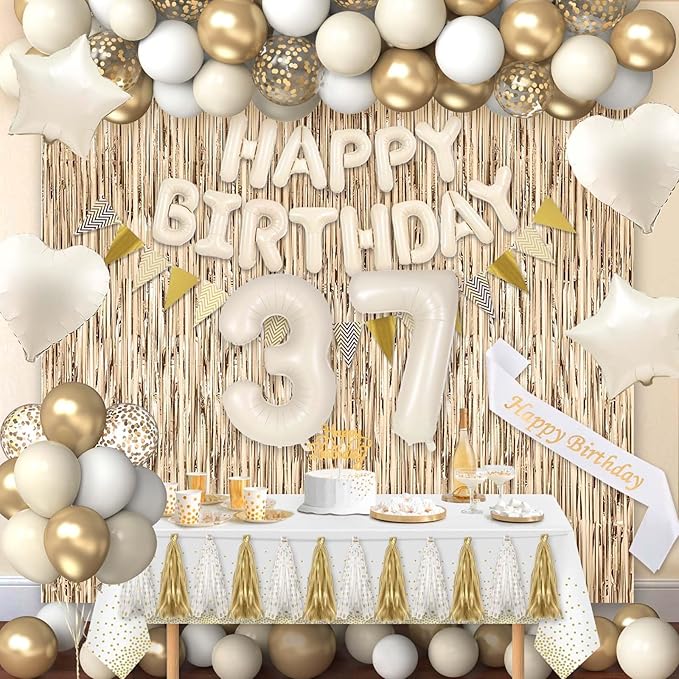 37th Birthday Decorations for Women, White and Gold 37 Boho Birthday